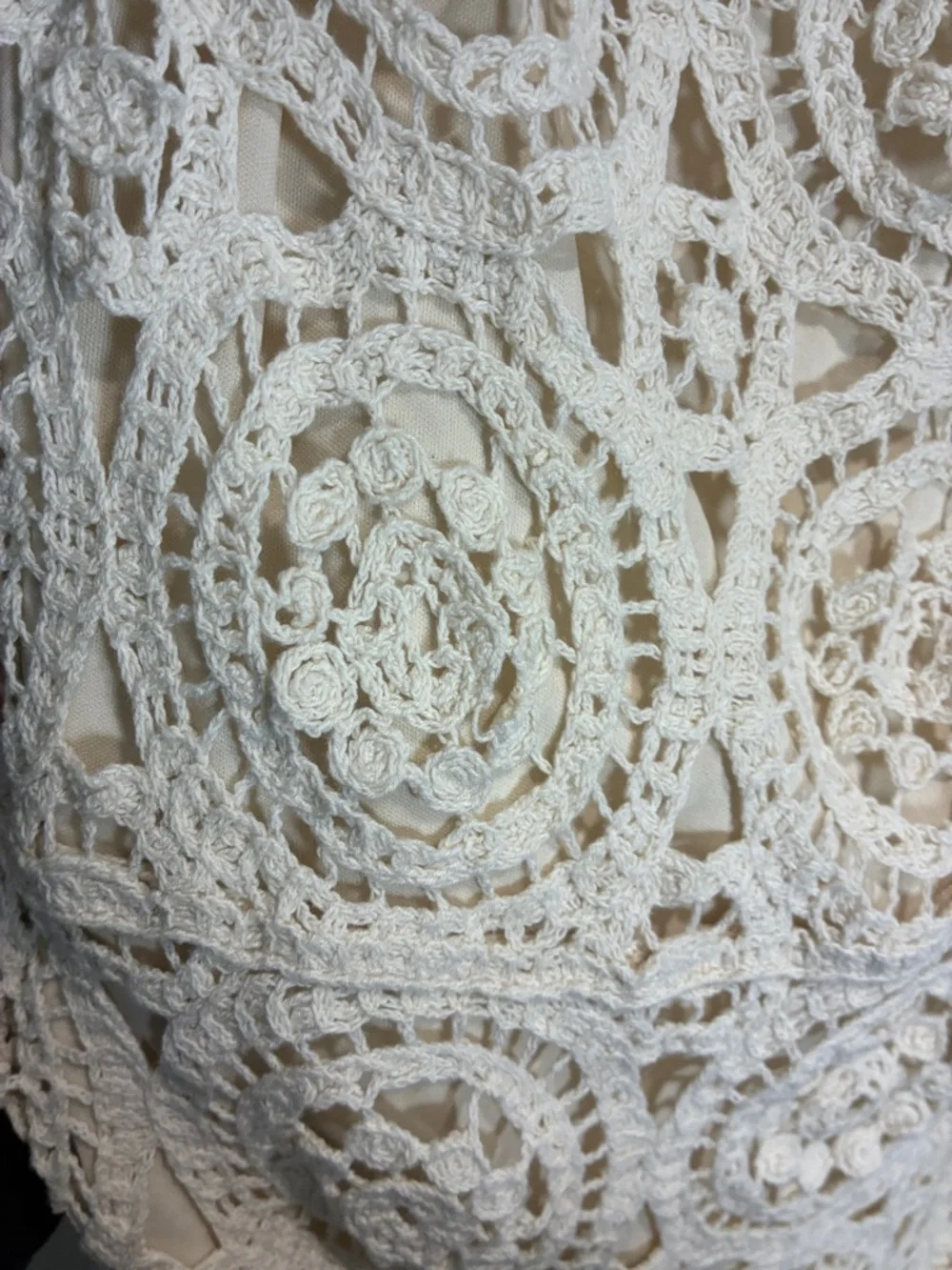 Boho Crochet Midi Skirt Cream w/ Black Trim Side Slit Lined XL - Picture 5 of 11